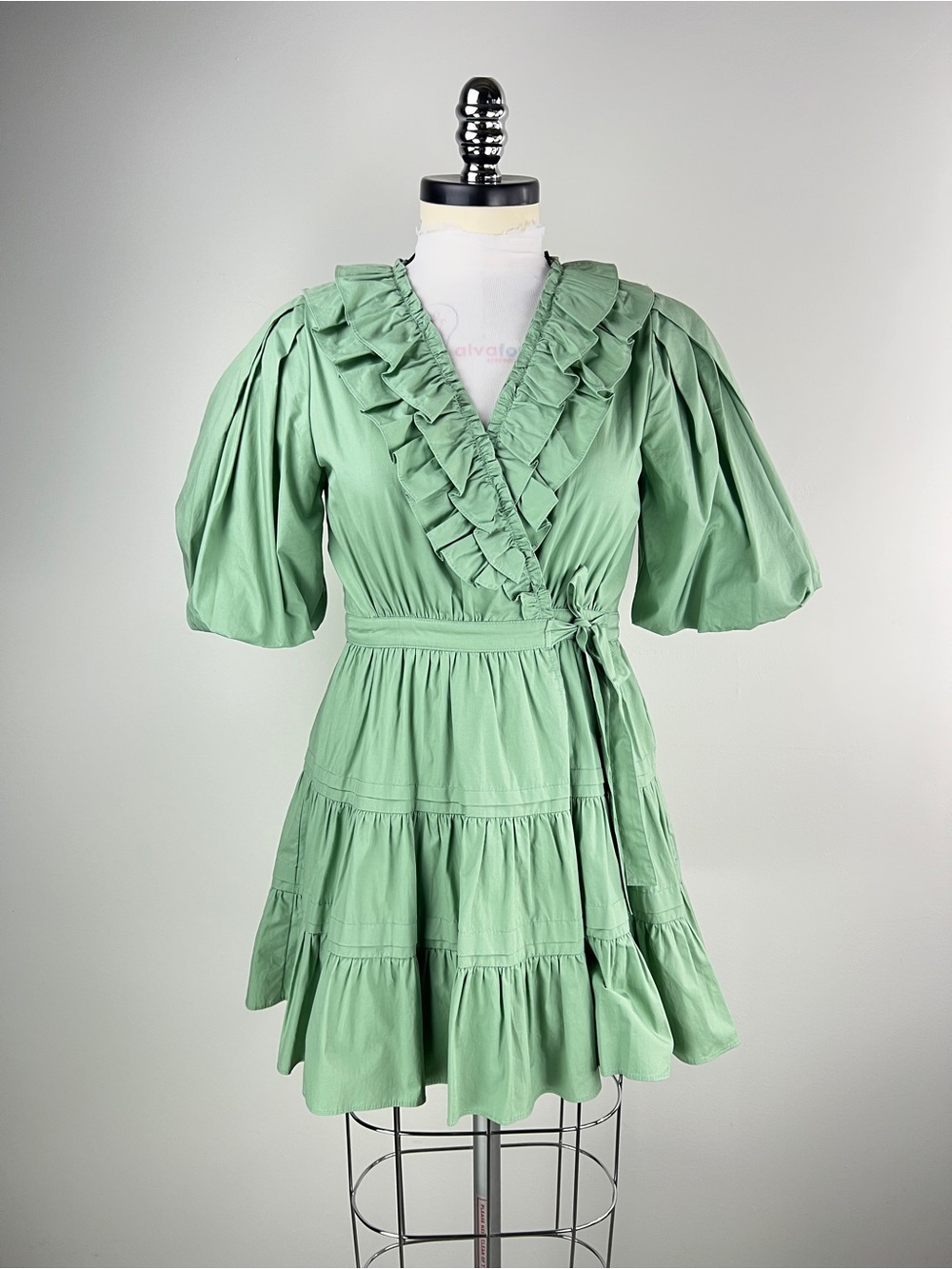 💚 3823. Sage Green Ruffle Wrap Dress